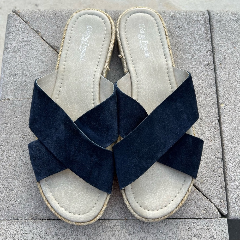 Cristina Francini Crossover Leather Espadrille Sandal Slides Shoes Navy Tan 10
